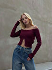 Kadın Bordo Önden Düğme Detaylı Kayık Yaka Triko Bluz HZL25W-ZK10341