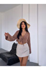 Kadın Camel Önden Bağlamalı Müslin Kumaş Crop Bluz  HZL25S-DSB104071