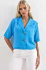 Kadın Yeni Mavi Kısa Kollu Şal Yaka Düğmeli Mevsimlik Keten Ayrobin Ceket HZL24S-BD107061