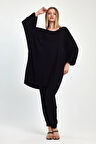 Kadın Siyah Yarasa Kol Geniş Kalıp Penye  Viskon İkili Takım HZL25S-VM110291