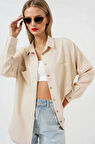 Kadın Bej Oversize Çift Cepli Keten Gömlek HZL22S-BD1201261
