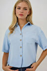 Kadın Mavi Keten Görünümlü Crop Gömlek HZL25S-BD1203391