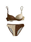 Kadın Kahverengi Krem Renk Bloklu Astarlı Bikini Takımı HZL25S-LC214