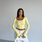 Kadın Sarı Uzun Kollu Arkası Bağlamalı Fit Kesim Crop Bluz HZL25W-FRY122771