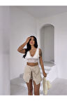 Kadın Bej Bağlama Detay Müslin Şort HZL25S-DSB2323