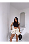 Kadın Açık Krem Bağlama Detay Müslin Şort HZL25S-DSB2323