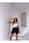 Kadın Siyah Bağlama Detay Müslin Şort HZL25S-DSB2323