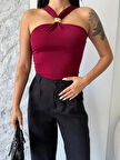 Kadın Bordo Halter Yaka Metal Detaylı Şık Crop Bluz HZL25S-FRY123251