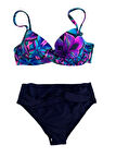 Kadın Lacivert Fuşya Çiçek Desenli Astarlı Büyük Beden Bikini Takımı HZL25S-LC24108