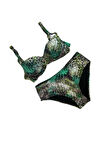 Kadın Yeşil Leopar Desenli Astarlı Büyük Beden Bikini Takımı HZL25S-LC25006