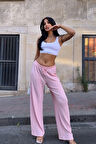 Kadın Pembe Beli Lastikli Rahat Kesim Bürümcük Pantolon HZL25S-DSB163631
