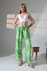 Kadın Yeşil Desenli Beli Lastikli Cepsiz Bol Kesim Viskon Pantolon HZL25S-DSB17771