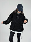 Kadife Dokulu Siyah Oversize Kapüşonlu Kadın Sweatshirt COC1186