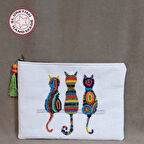 Uretti - Sümeyya 2589 1714 El Yapımı Etnik Kedi Desenli Boncuk İşlemeli - Yeşil Püsküllü Clutch Çanta
