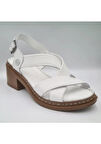 Mammamia D25ys-2560-lx Kadın Hakiki Deri 5 Cm Kalın Topuklu Comfort Sandalet Beyaz