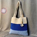 Uretti - Emine 9106 - El Örgüsü Çiçek Motifli Mavi - Krem Kol Çantası