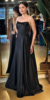 Siyah Taş Detaylı Sırt Dekolteli Yırtmaçlı Kloş Etekli Saten Uzun Abiye Elbise 7733