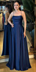 Lacivert İp Askılı  Sırt Dekolteli  Kloş Etekli Saten Uzun Abiye Elbise 7764