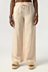 Kadın Beli Lastikli Bol Paça %100 Keten Beli Detaylı Pantolon