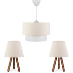 ArtGift Üçlü Avize Ve Abajur Seti Ahşap Ayak Krem Kumaş Başlık Yatak Odası Çocuk Odası Salon 