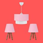 ArtGift Üçlü Avize Ve Abajur Seti Ahşap Ayak Pembe Kumaş Başlık Yatak Odası Çocuk Odası Salon 