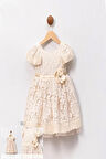 Kız Çocuk Bej Güpür Desenli Tütülü Çiçek aksesuarlı Tüllü Elbise