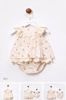 Kız Bebek Bej Çiçek Desenli Elbise Kilotlu Takım