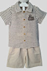 2'li Erkek Çocuk Kahve Çizgili Desenli Gömlek Bej Sortlu Keten Takım