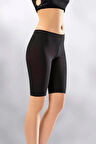 Kadın Siyah Penye Elastan Düz Desensiz Yüksek Bel Dizüstü Kısa Tayt