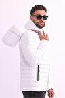 Erkek Beyaz Rüzgar Geçirmez Kapüşonlu Taşınabilir Çantalı Elyaf Dolgulu Hafif Spor Mont | 2XL