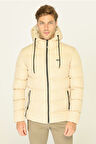 Erkek Bej Kalın Astarlı Rüzgar Geçirmez Kapüşonlu Kışlık Şişme Mont | 2XL