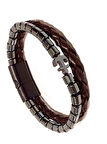 Çıpa Figürlü Hematit Doğaltaş&%100 Deri Kombin Kahve Erkek Bileklik 21 cm