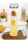 Dekoratif Top Kapaklı Cam Karaf - Modern Çizgili Cam Sürahi Sunumluk Meşrubat Şerbetlik 25 cm