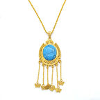 Altın Kaplama Firuze Taşlı Akıtma Kelebek Detaylı 60 CM Kolye KLY-497