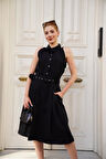 Gömlek yaka kemerli elbise siyah s255061