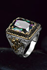 Erkek Gümüş Yüzük - Mistik Topaz Taşı Yanı At İşlemeli Kare Model Erkek