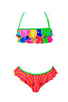 Halter Yaka Renkli Portakal Desenli Bandeau Fırfırlı 50UV Kız Çocuk Bikini Takımı by Nessi Byrd