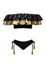 Gold Ve Simli Fırfırlı Ipli Püsküllü Siyah 50UV Kız Çocuk Bikini Takımı BY NESSI BYRD