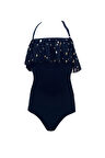Halter Yaka Tül Fırfırlı Gold Yıldız Detaylı Siyah 50UV Kız Çocuk Mayo BY NESSI BYRD