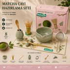 Herbarius 8 Parça Çiçek Desenli Benekli Adaçayı Yeşili Renk Matcha Çayı Hazırlama Seti - Geleneksel Japon Matcha Seti