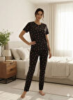 SİYAH KALPLİ KADIN PİJAMA TAKIMI