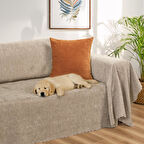 Jakarlı Şönil Koltuk Örtüsü  | Çekyat Örtüsü | Koltuk Şalı 175x300 Kaymaz Bej