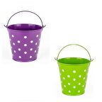 2 PCS VIP DECORATIVE GREEN PURPLE PAİL 2 ADET SAPLI METAL KOVA PUANTİYELİ KOVA MOR KOVA YEŞİL KOVA