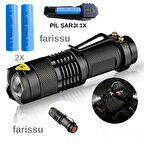 Taktik Tip Zoomlu El Feneri | 2 Adet 1900 mAh Pil + Şarj Cihazı | 3 Mod | Süper Parlak LED