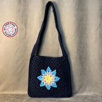 Uretti - Emine 9106 - El Örgüsü Gül Motifli Çapraz Çanta - Lacivert