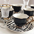 6 lı Porselen Kahve Fincan Takımı Yaldızlı Siyah 2623
