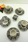 6 lı Lüks Porselen Kahve Fincan Takımı Siyah Çizgili Türk Kahvesi Fincanı 006