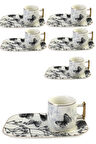 6 lı Porselen Kahve Fincan Takımı Siyah Kelebek Yaldızlı