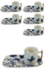 6 lı Porselen Kahve Fincan Takımı Mavi Kelebek Yaldızlı
