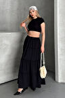 Basic Astarlı Pileli Kadın Uzun Etek Siyah